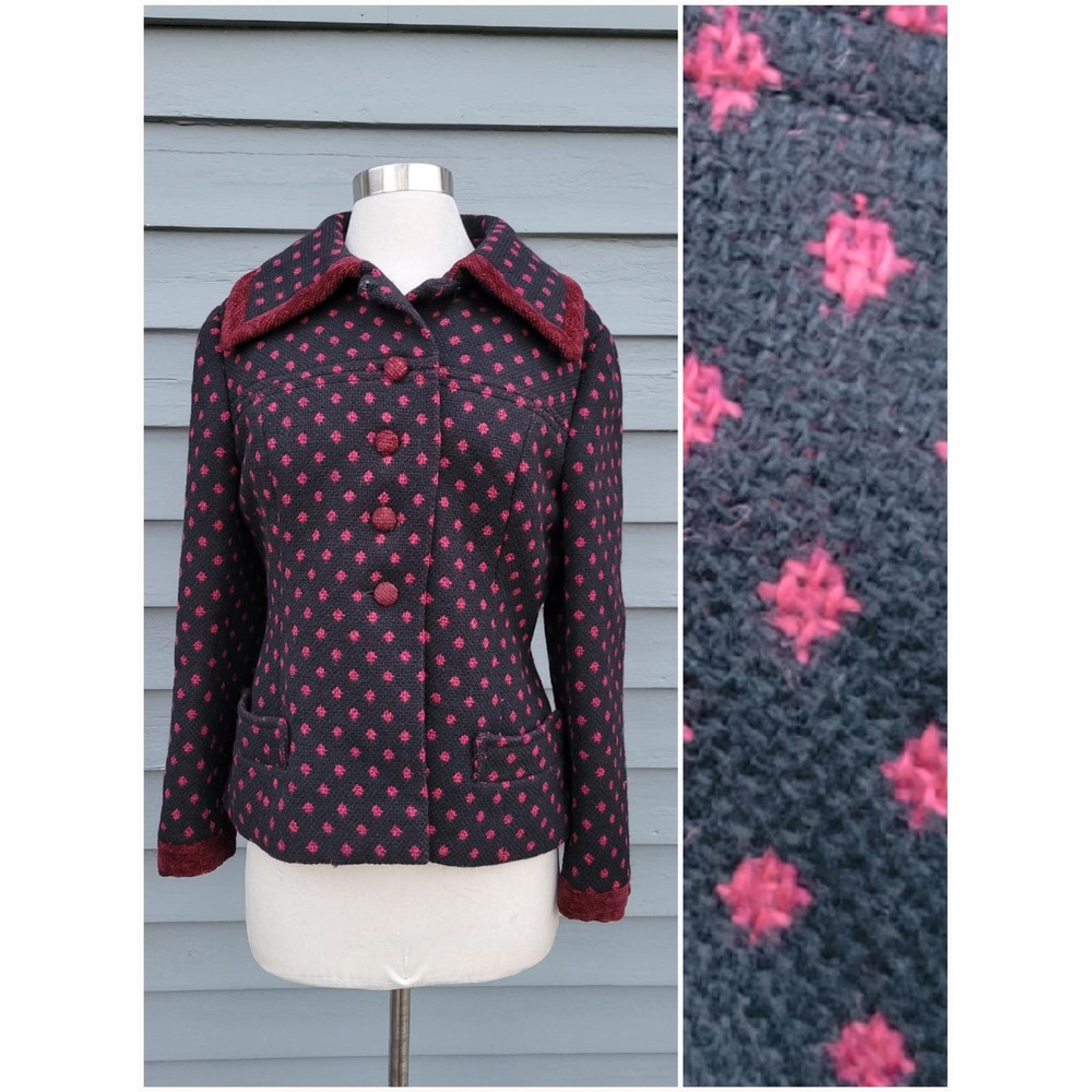 Harbro Vintage Wool Blazer Black‎ Pink Geometric Mod Jacket Made in London Small